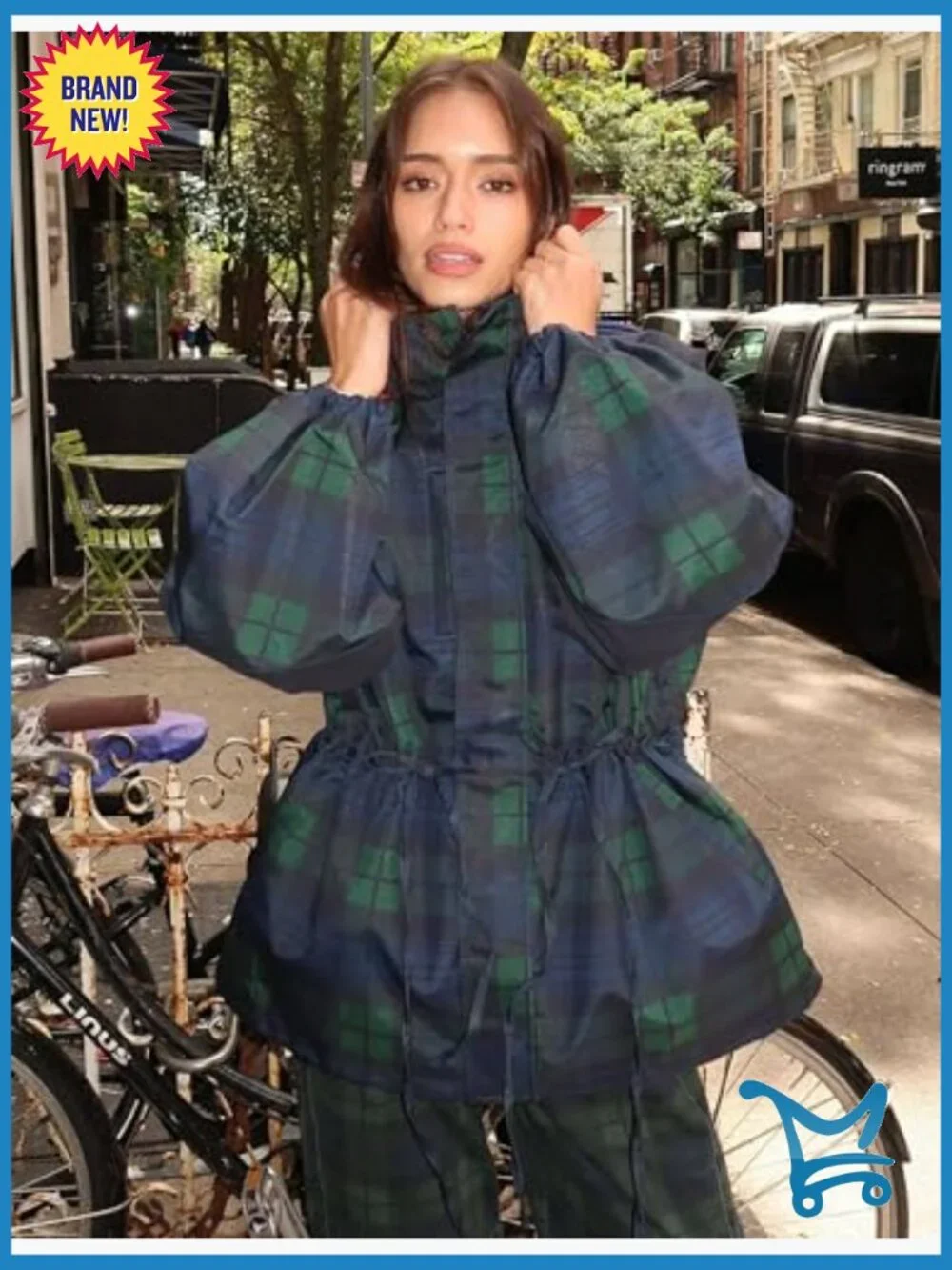 Women's Showerproof Rain Jacket with Hood Adjustable Waist Ties - Picture 2 of 7